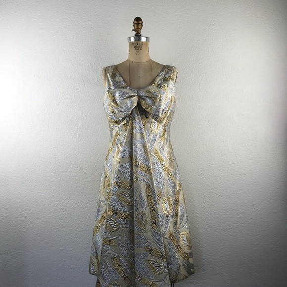 Vintage Dresses & Skirts - SOLD l 60s Silver Gold Lamè Metallic Bow Dress